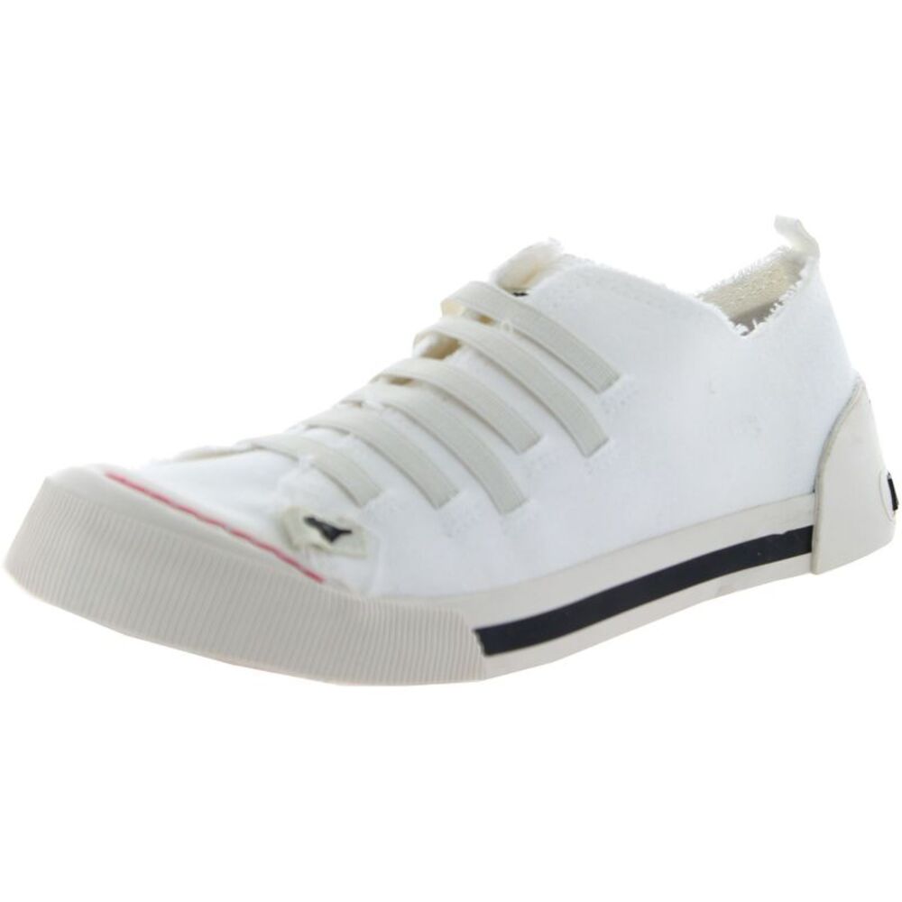Rocket Dog White Canvas Slip-On Sneakers with Navy Stripe